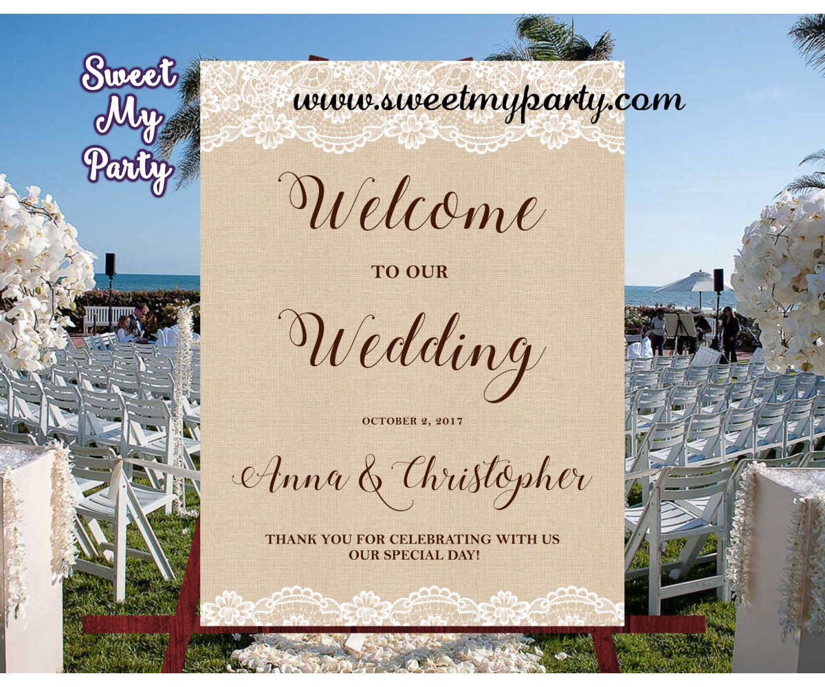 Rustic Wedding Welcome Sign,Lace Burlap Welcome sign,(029w) 